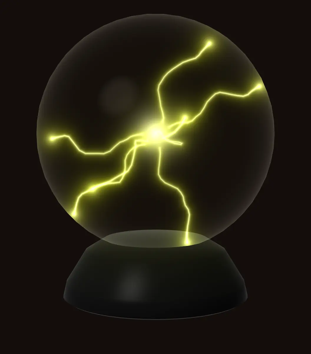 A plasma ball on a black base, white-hot filaments reaching from its core to the glass