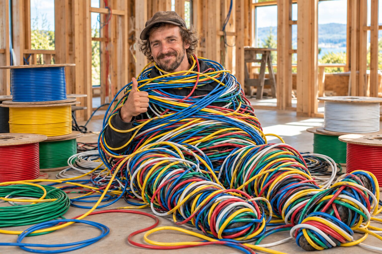 Jono wound head to toe in coloured cable inside a timber-framed new build, giving a thumbs up