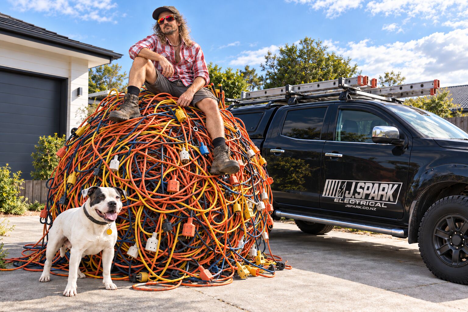 Jono in a plaid shirt and red sunglasses sitting on a cable ball taller than his ute, his dog beside it