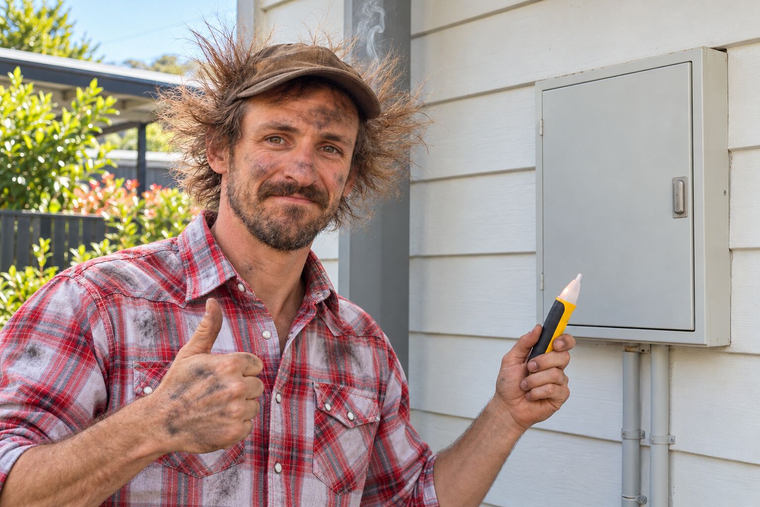 Jono with his hair on end and soot on his face and plaid shirt, giving a thumbs up beside a closed switchboard
