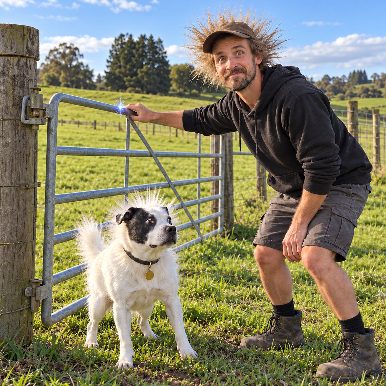 Jono and his dog with their hair and fur standing on end after a static shock at a farm gate