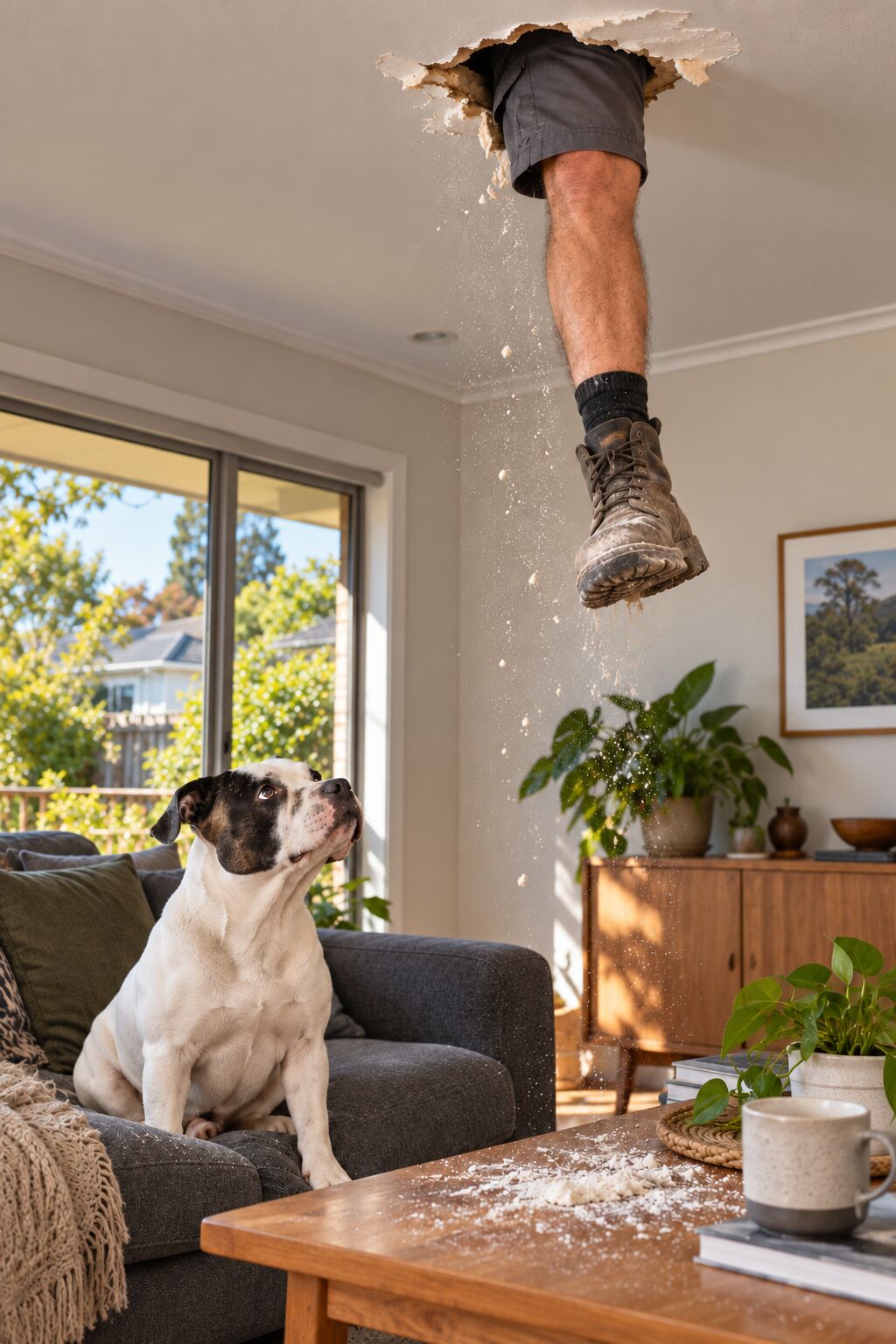 Jono's work boot dangling through a hole in a living-room ceiling while the dog stares up from the couch