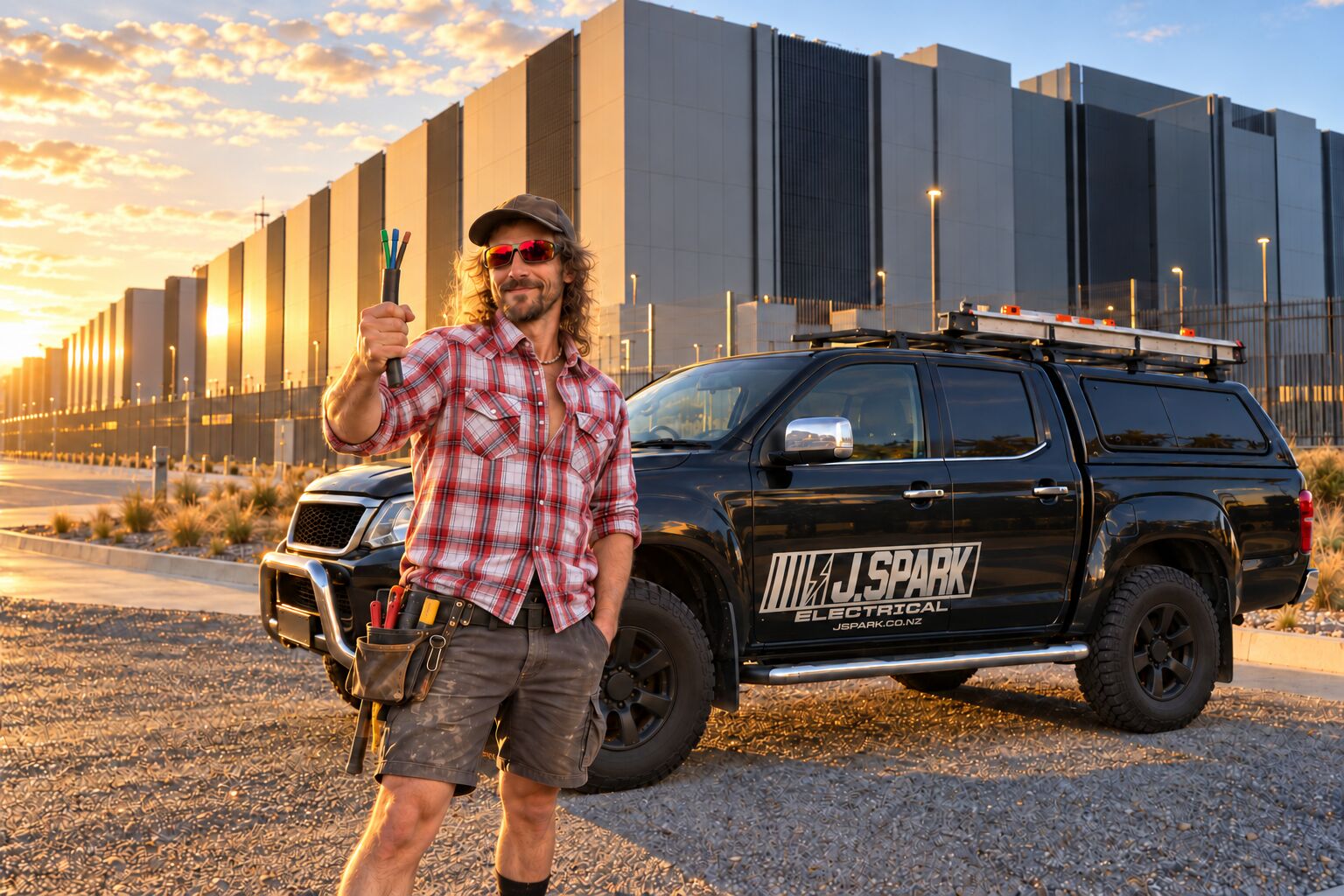 Jono in a plaid shirt and red sunglasses holding up one short cable beside his ute, outside a huge data centre