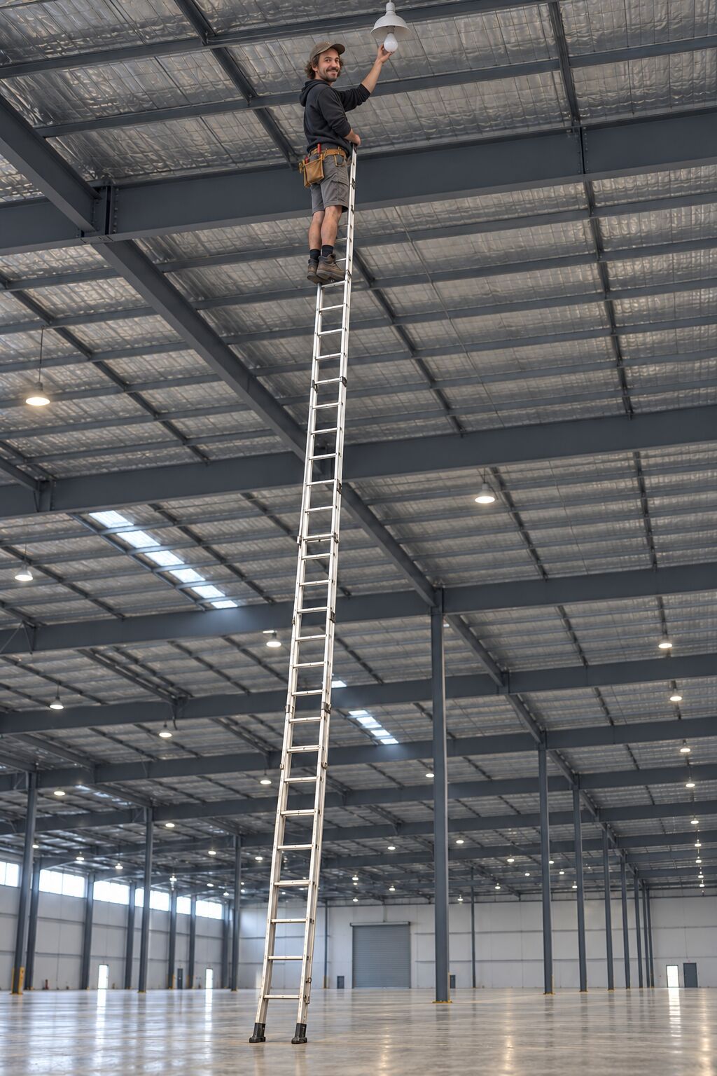 Jono at the top of an absurdly tall ladder in a vast empty warehouse, changing one light bulb