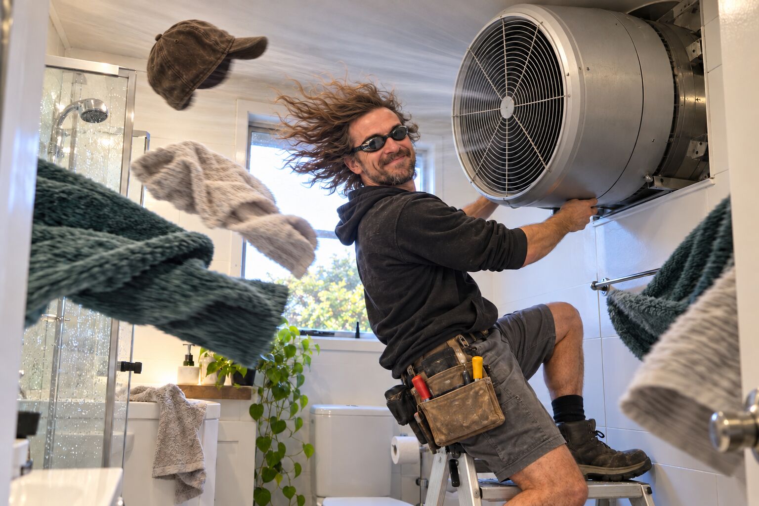 Jono in swim goggles fitting a giant fan in a small bathroom as the airflow blows his cap and the towels away
