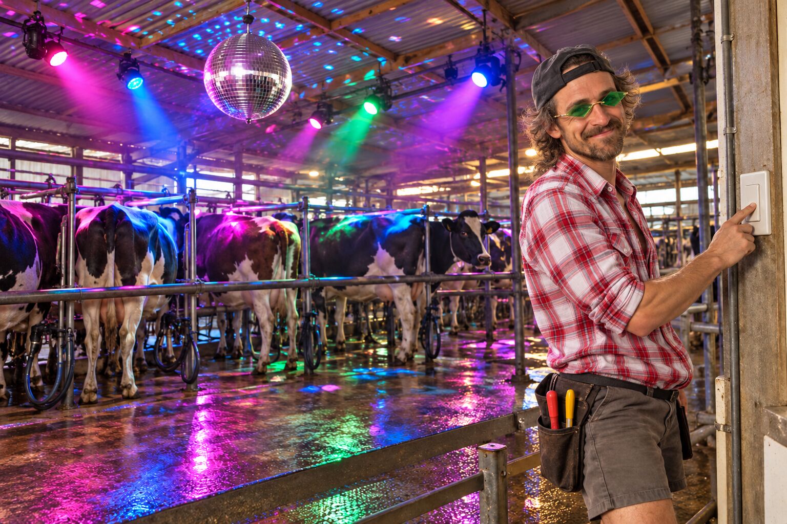 Jono in green diamond glasses at the light switch of a milking shed lit like a disco, cows under the lights